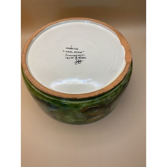 Mexican majolica floral green, colorful redware covered bowl chip btm of bowl - Picture 3 of 8